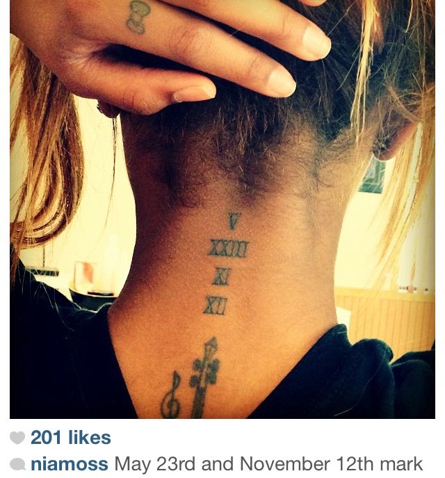Roman Numerals With Music Tattoo On Back Neck