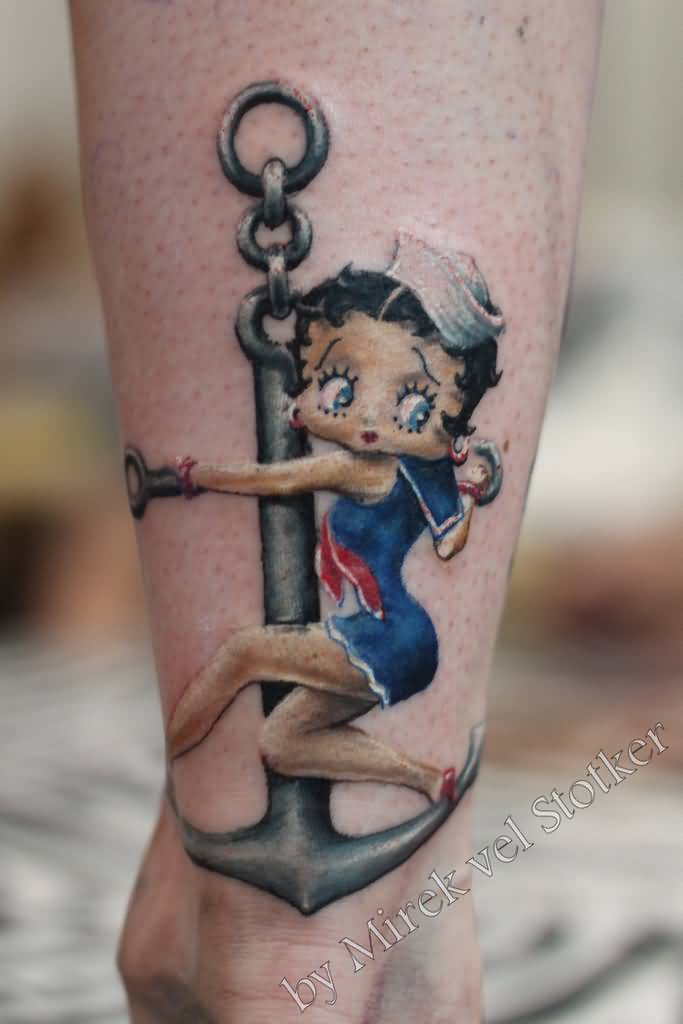 Sailor Betty Boop Sitting On Anchor Tattoo Design by Mirek Vel Stotker