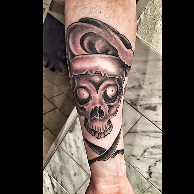 Scary Chef Skull With Crossed Knives Tattoo On Forearm