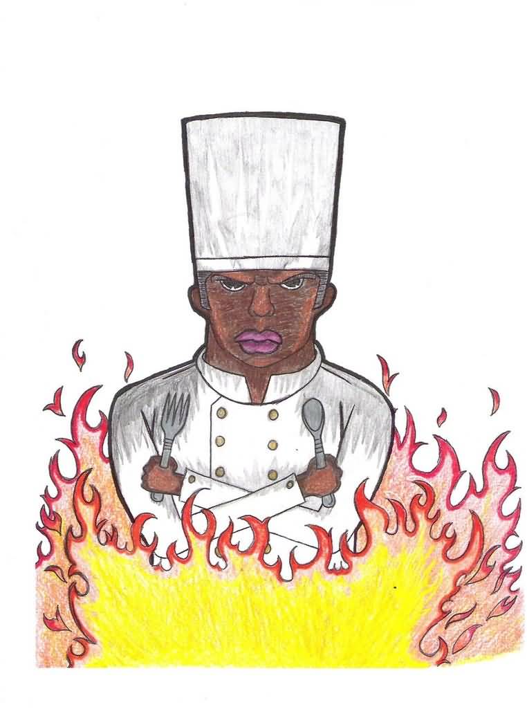 Serious Face Chef Holding Spoon And Fork With Flames Tattoo Design