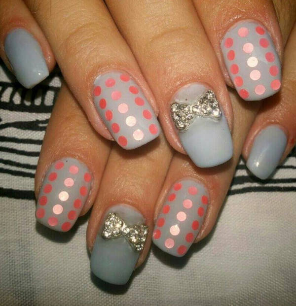 Silver Nails With Pink Polka Dots And Metallic 3d Bow Design