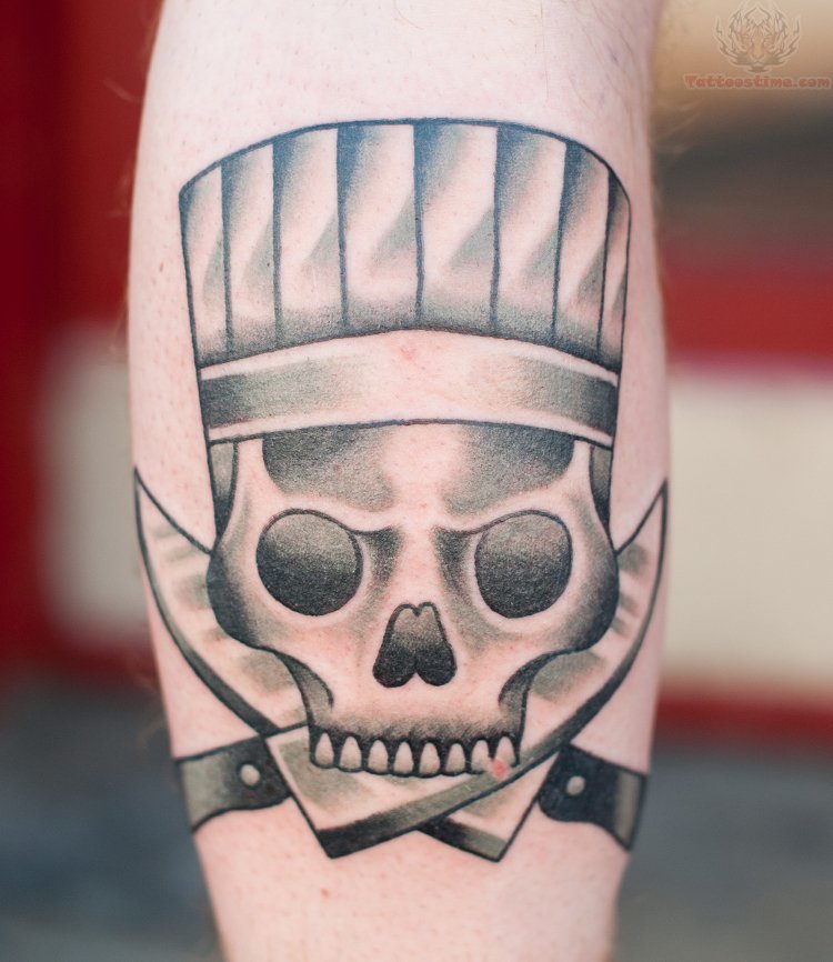 Simple Chef Skull Holding Knives With Mouth Tattoo