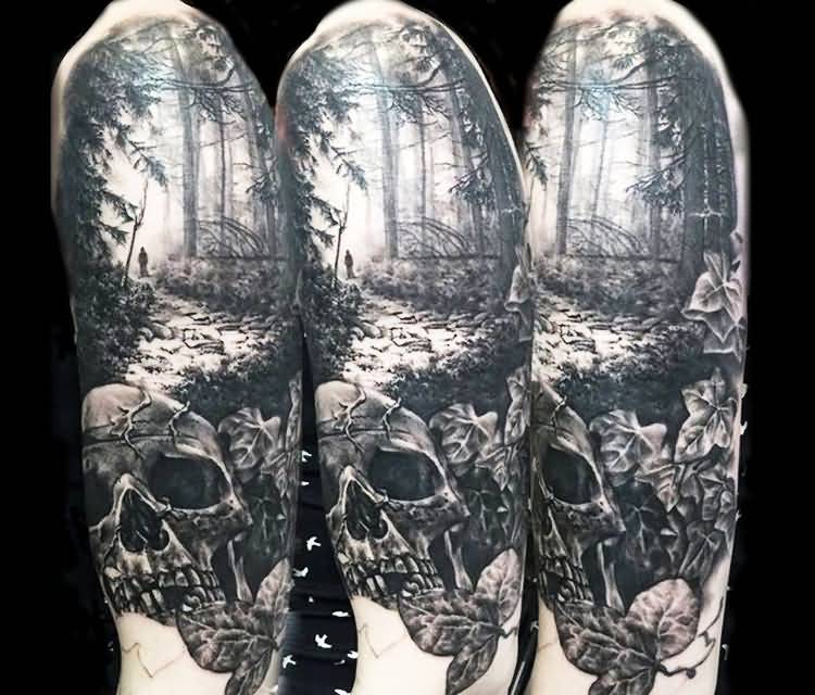 Skull And Forest Tattoo Design For Half Sleeve