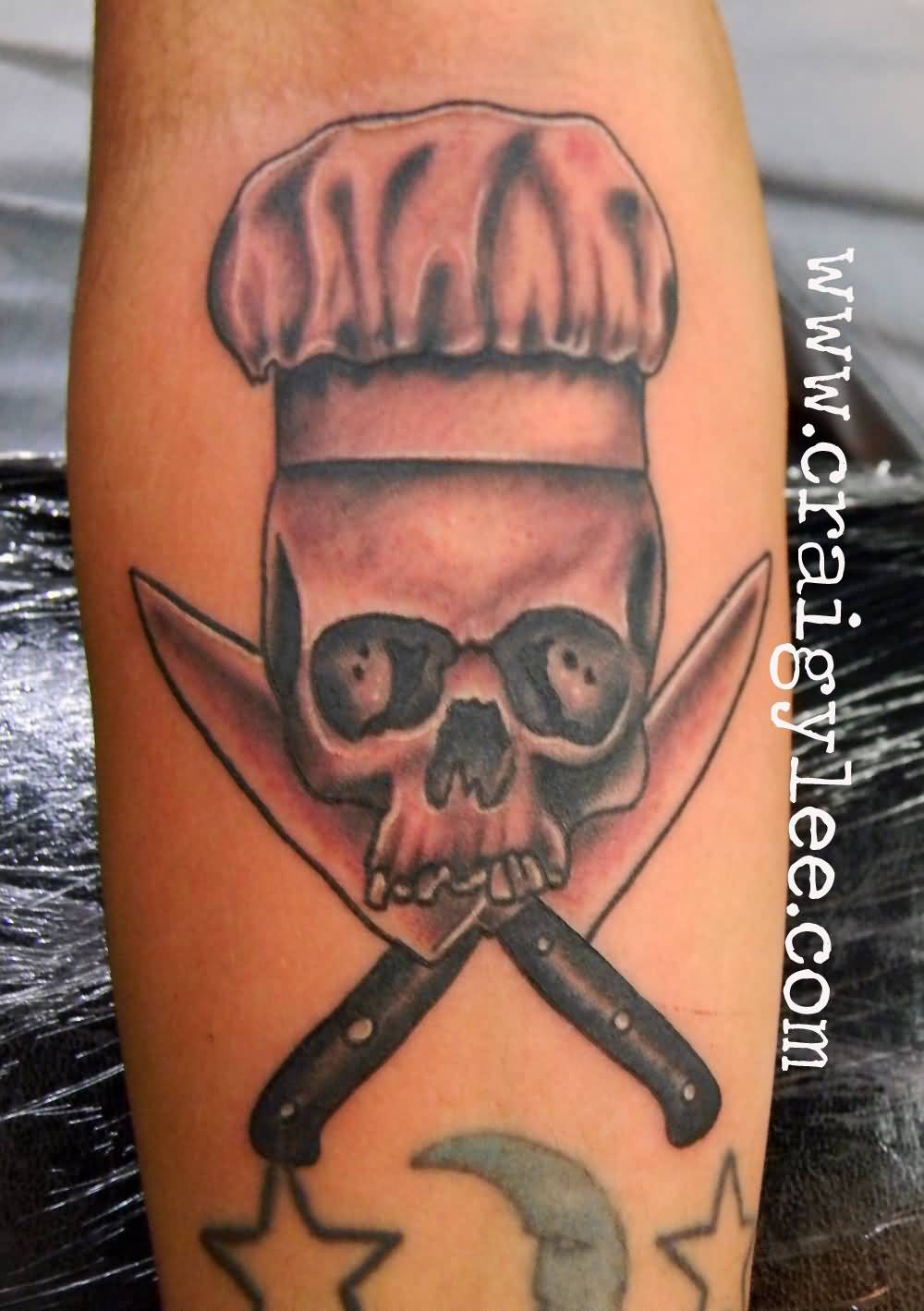 Skull Wearing Chef Hat And Crossed Knife With Stars Tattoo