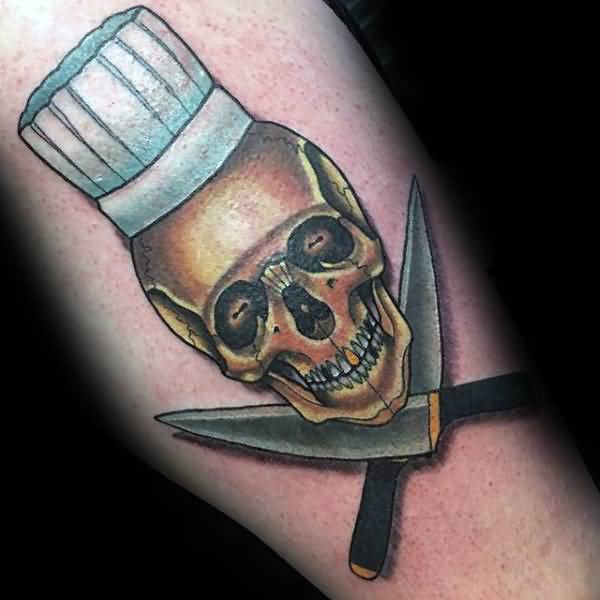 Skull Wearing Chef Hat And Knives Tattoo