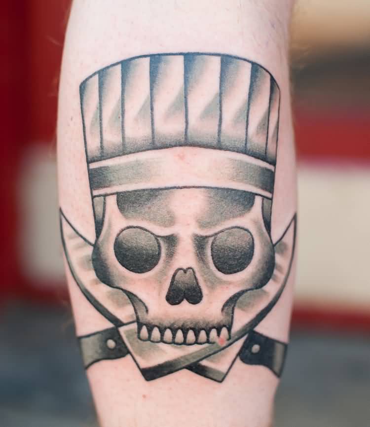 Skull Wearing Chef Hat Holding Crossed Knives Tattoo