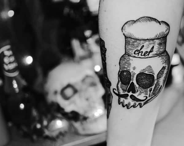 Skull Wearing Chef Hat With Mustache Tattoo