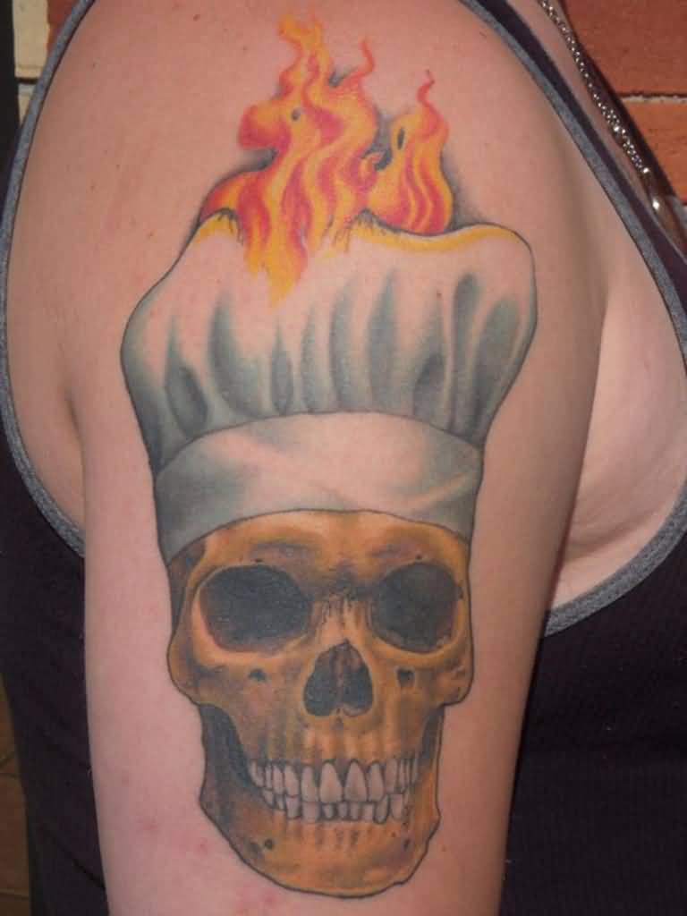Skull With Burning Chef Hat Tattoo On Half Sleeve