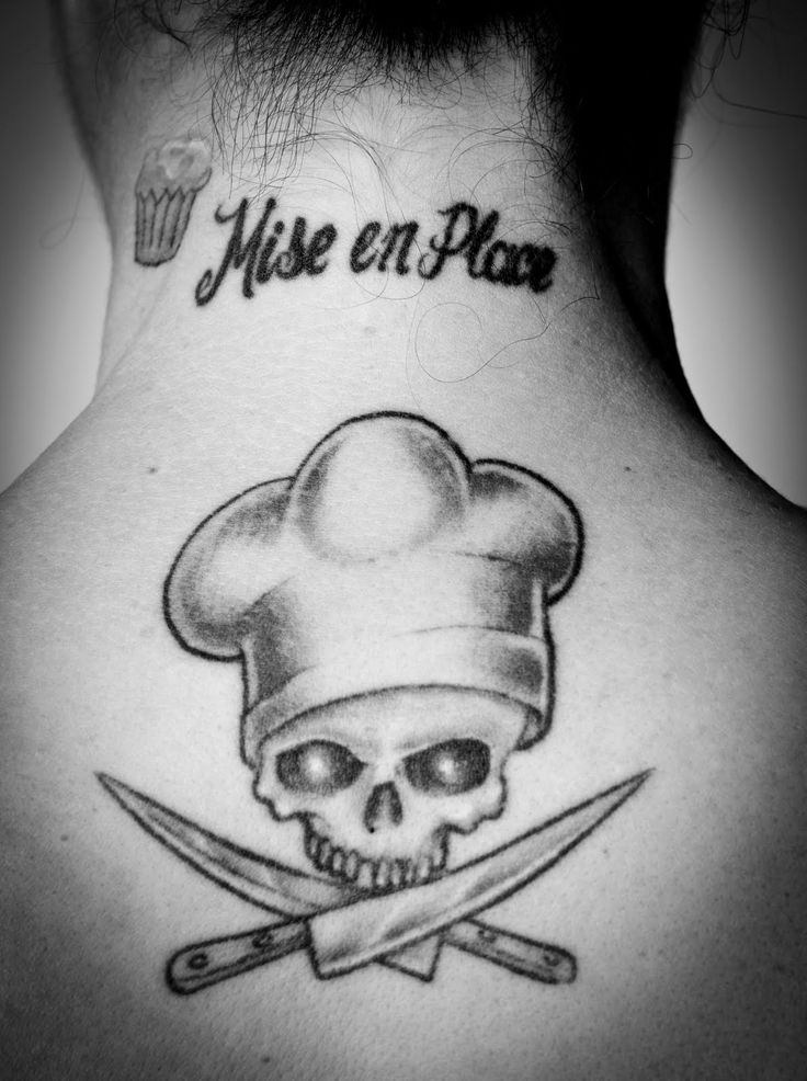 Skull With Knives And Chef Hat Tattoo On Upper Back