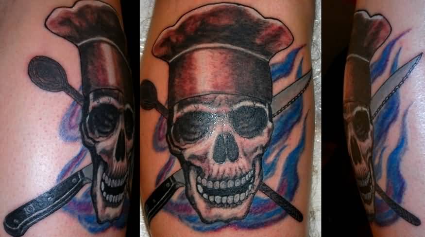 Skull With Red Chef Cap And Crossed Knives Tattoo