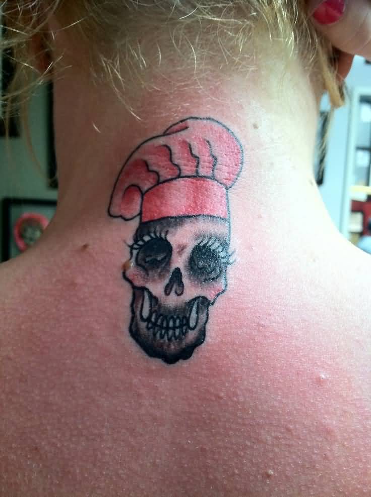 Skull With Red Chef Hat Tattoo On Nape