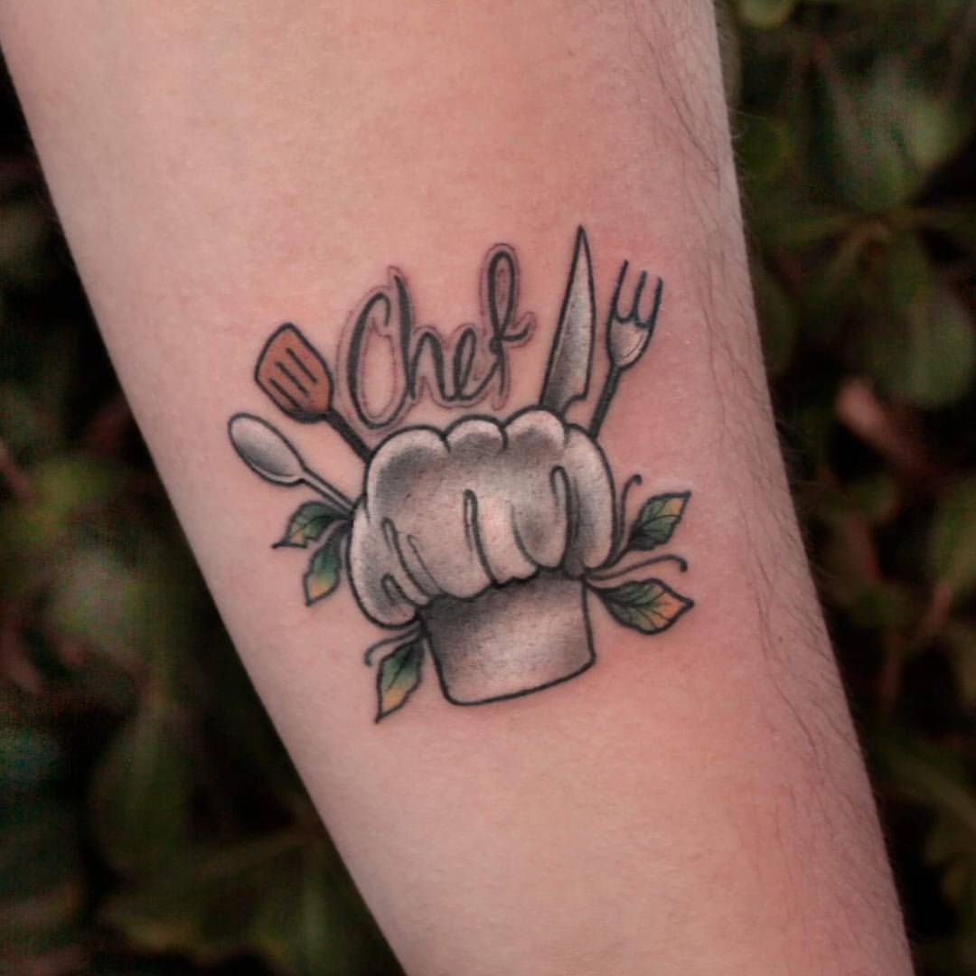 Small  Chef Hat With Knife And Spoon Traditional  Tattoo On Forearm
