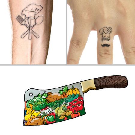 Small Chef Hats With Spoon, Fork And Mustache Tattoo On Fingers