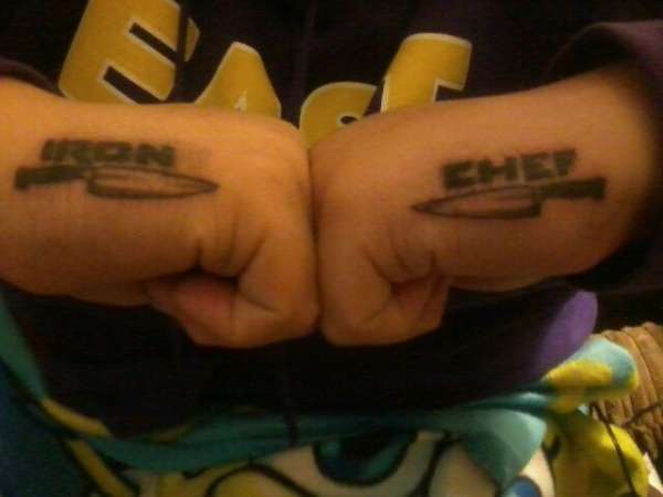 Small Chef Knives With Iron Chef Letters Tattoo On Both Hands
