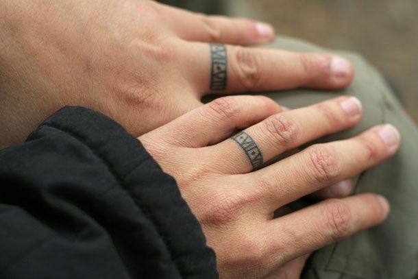 Small Matching Roman Numerals In Ring Shape Tattoos On Fingers