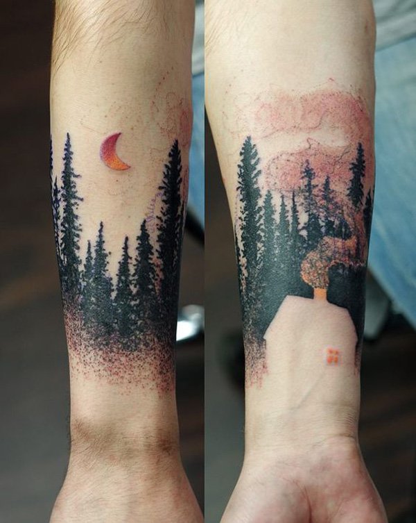 Small Moon And Forest Tree Tattoos On Wrist
