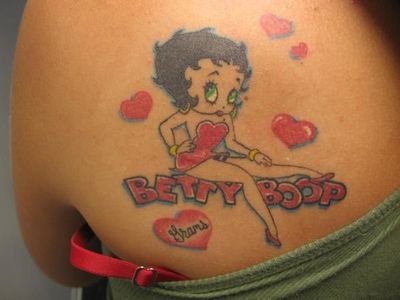 Small Red Hearts And Betty Boop Tattoo On Left Back Shoulder