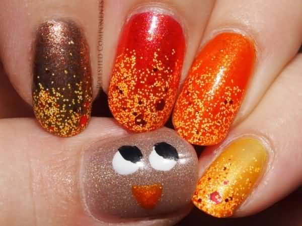 Sparkle Nails With Turkey Face Thanksgiving Nail Art