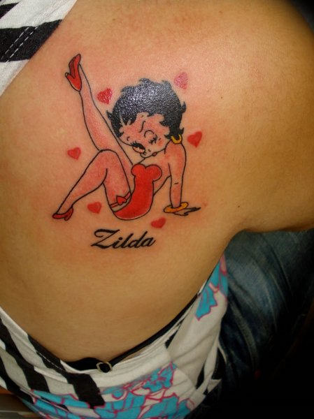 Stunning Betty Boop With Zilda Name Tattoo On Back Shoulder