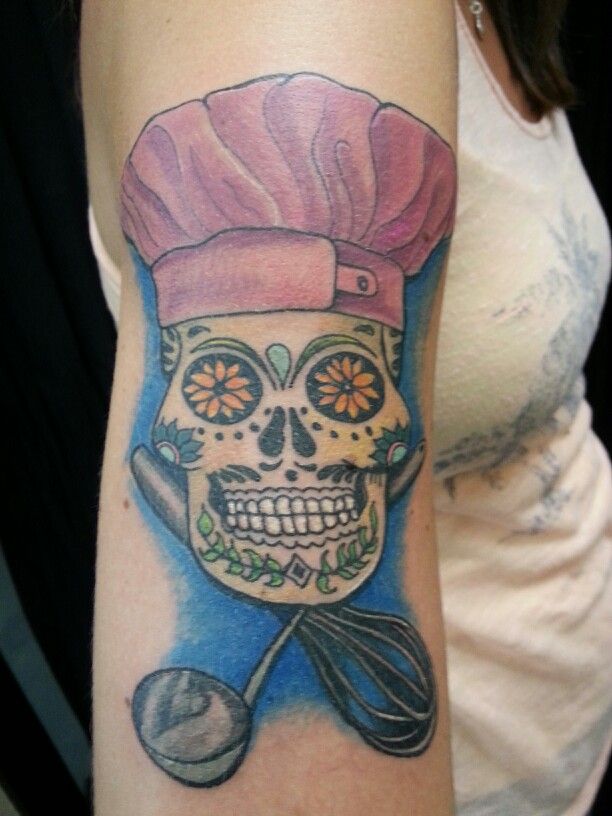 Sugar Chef Skull With Crossed Knife And Egg Beater Tattoo On Half Sleeve