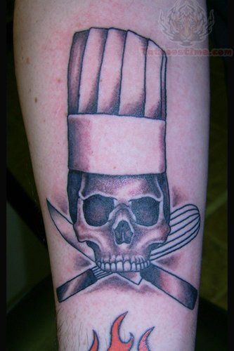 Sugar Skull With Crossed Knife And Egg Beater Tattoo