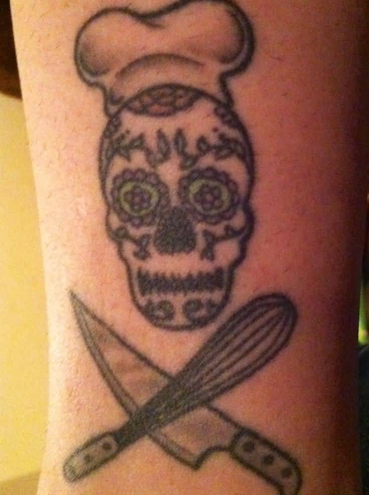 Sugar Skull With Knife And Egg Beater Tattoo