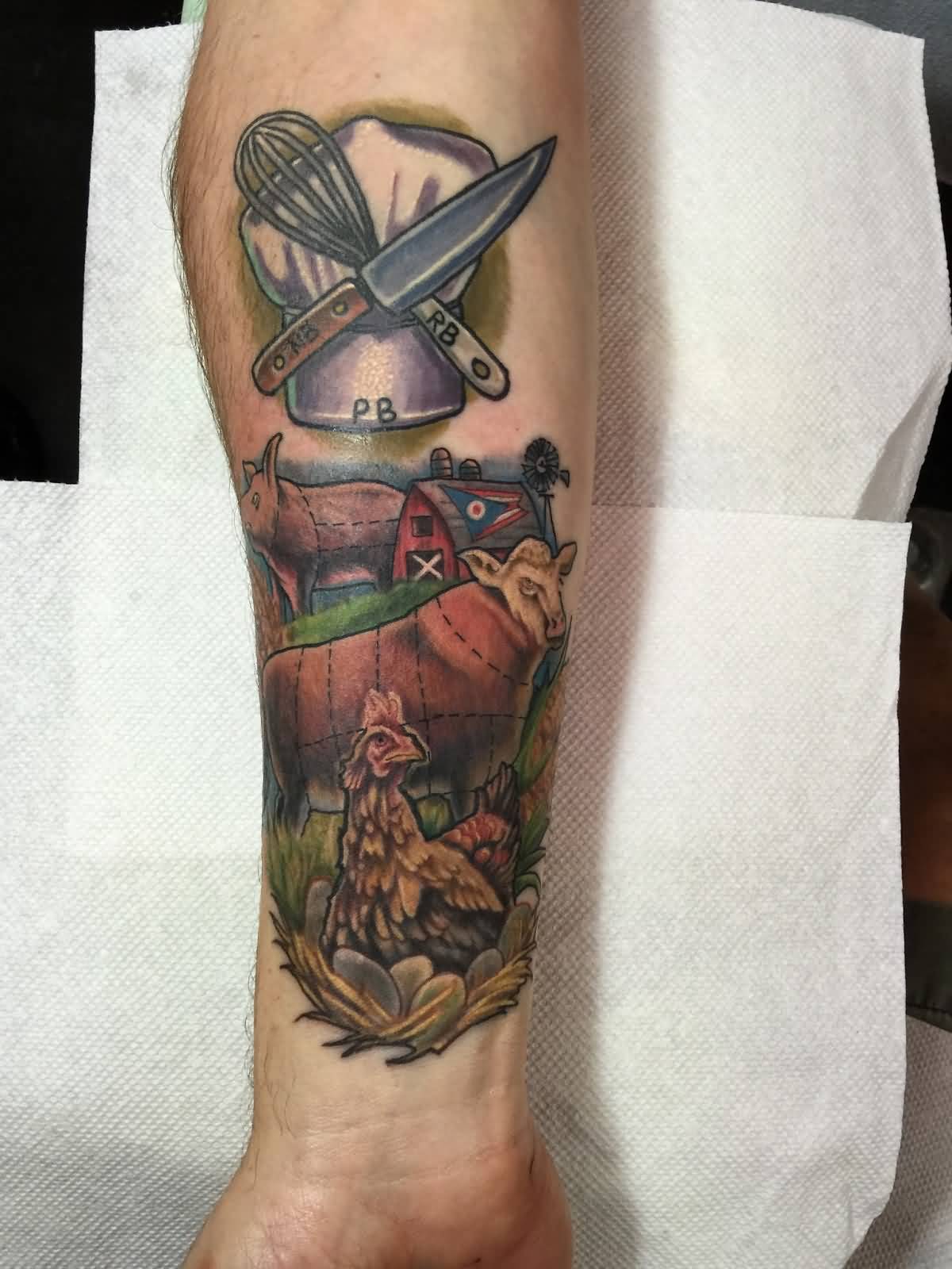 Superb Chef Hat With Knife,  Egg Beaters And Cow, Hen Tattoo On Forearm