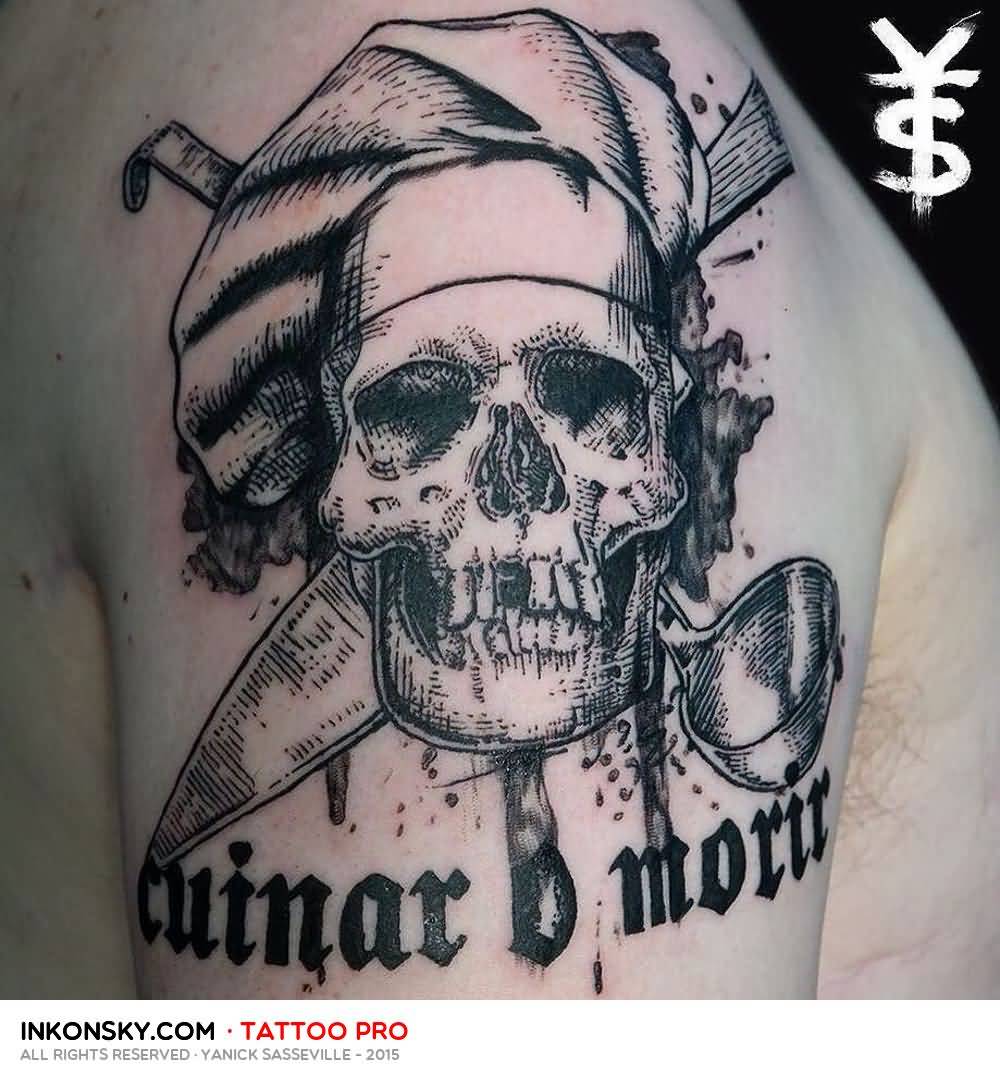 Superb Chef Skull With Letters And Crossed Knife And Spoon Tattoo On Right Shoulder