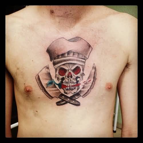 Superb Sugar Skull With Crossed Knife And Cleaver Tattoo On Chest