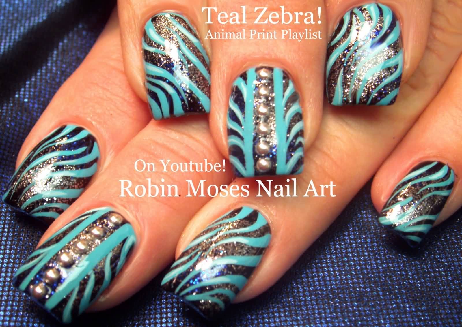 Teal Zebra Print Nail Art