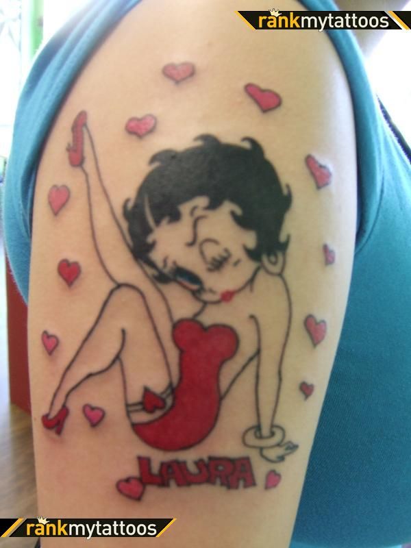 Tiny Red Hearts And Betty Boop Tattoo On Half Sleeve