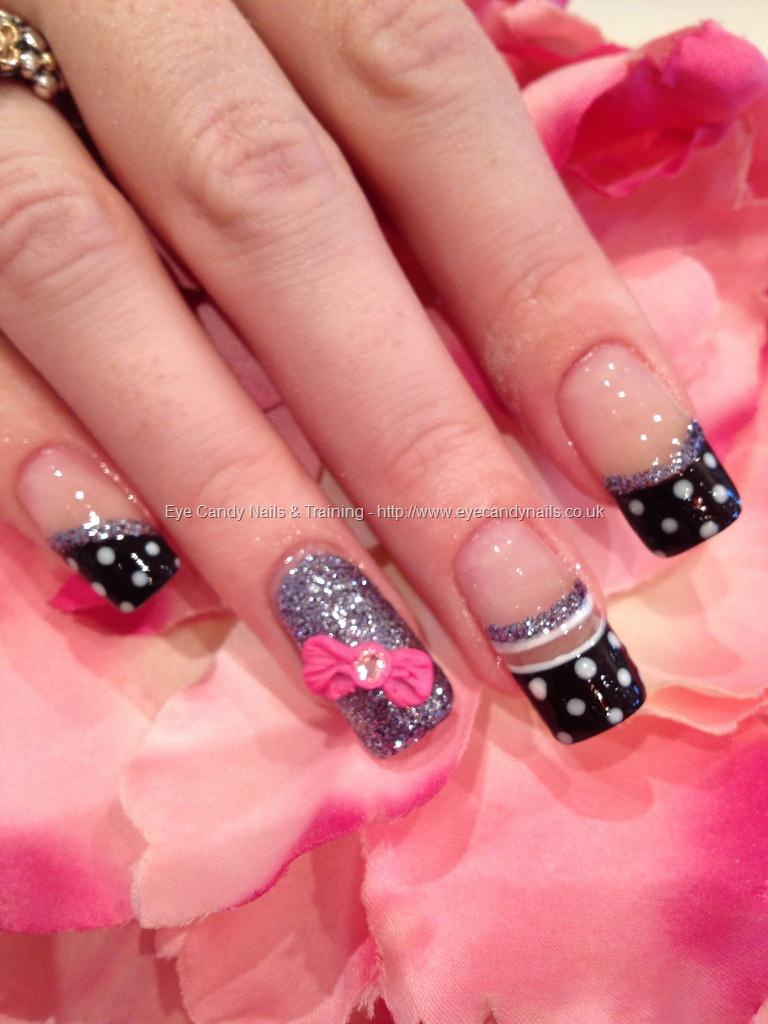 Tip Black And White Polka Dots Nail Art With Accent Pink 3d Bow