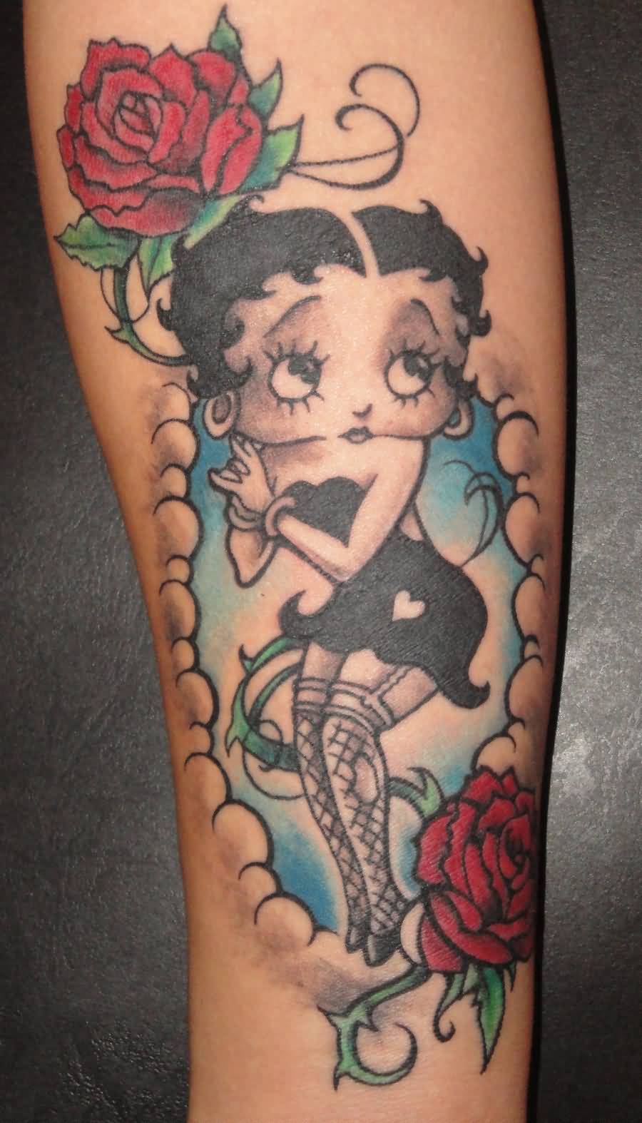 Traditional Betty Boop With Red Roses Tattoo On Arm Sleeve