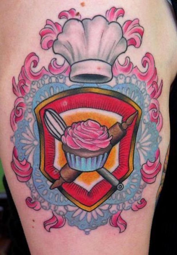 Traditional Chef Hat With Cake And Rolling Pin Tattoo