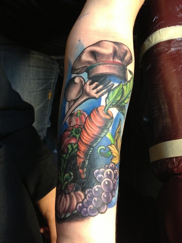 Traditional Chef Hat With Carrot, Spoon And Vegetable Tattoo On Foraerm