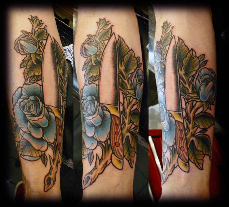 Traditional Chef Knife With Blue Flowers Tattoo