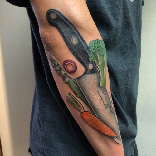 Traditional Chef Knife With Carrot Tattoo On Forearm