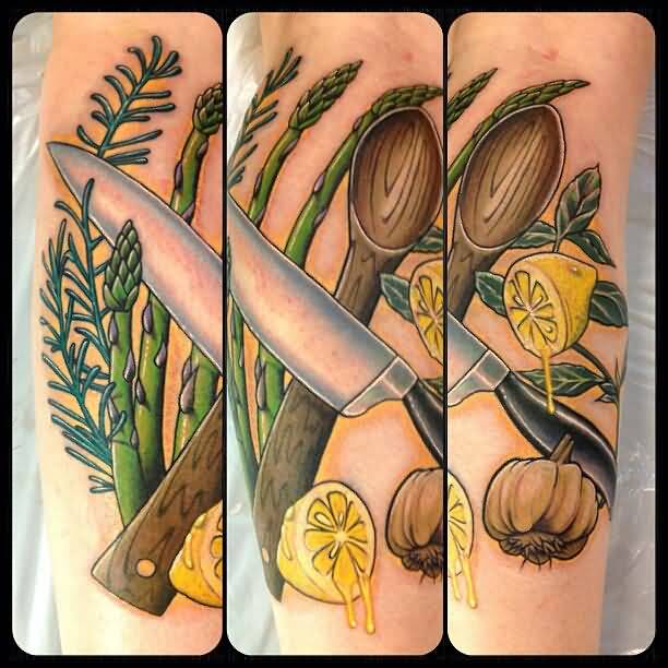 Traditional Chef Knife With Fry Spoon And Lemon, Garlic Tattoo On Arm Sleeve