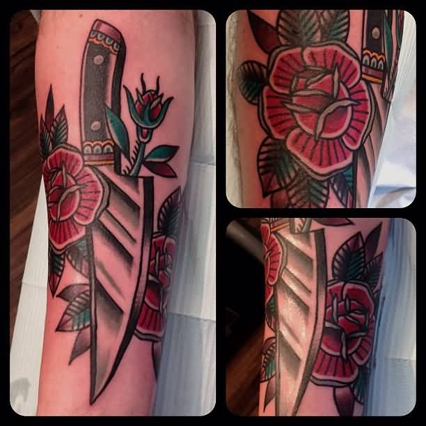 Traditional Chef Knife With Red Flowers Tattoo On Forearm
