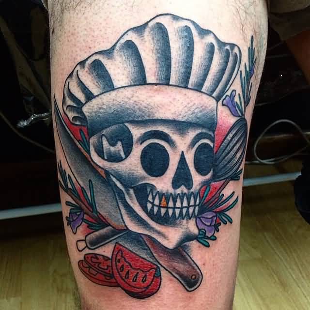 Traditional Chef Skull With Knife And Egg Beater Tattoo
