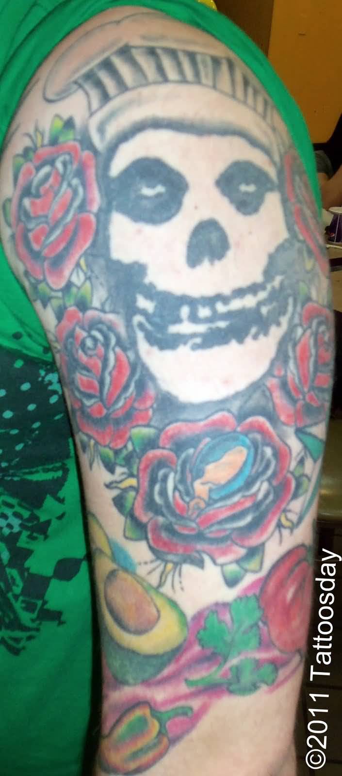 Traditional Chef Skull With Red Roses And Vegetables Tattoo On Half Sleeve