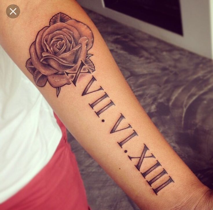 Traditional Roman Numeral With Red Rose Tattoo On Arm Sleeve