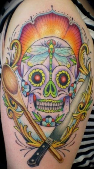 Traditional Sugar Skull With Chef Knife And Fry Spoon Tattoo On Forearm