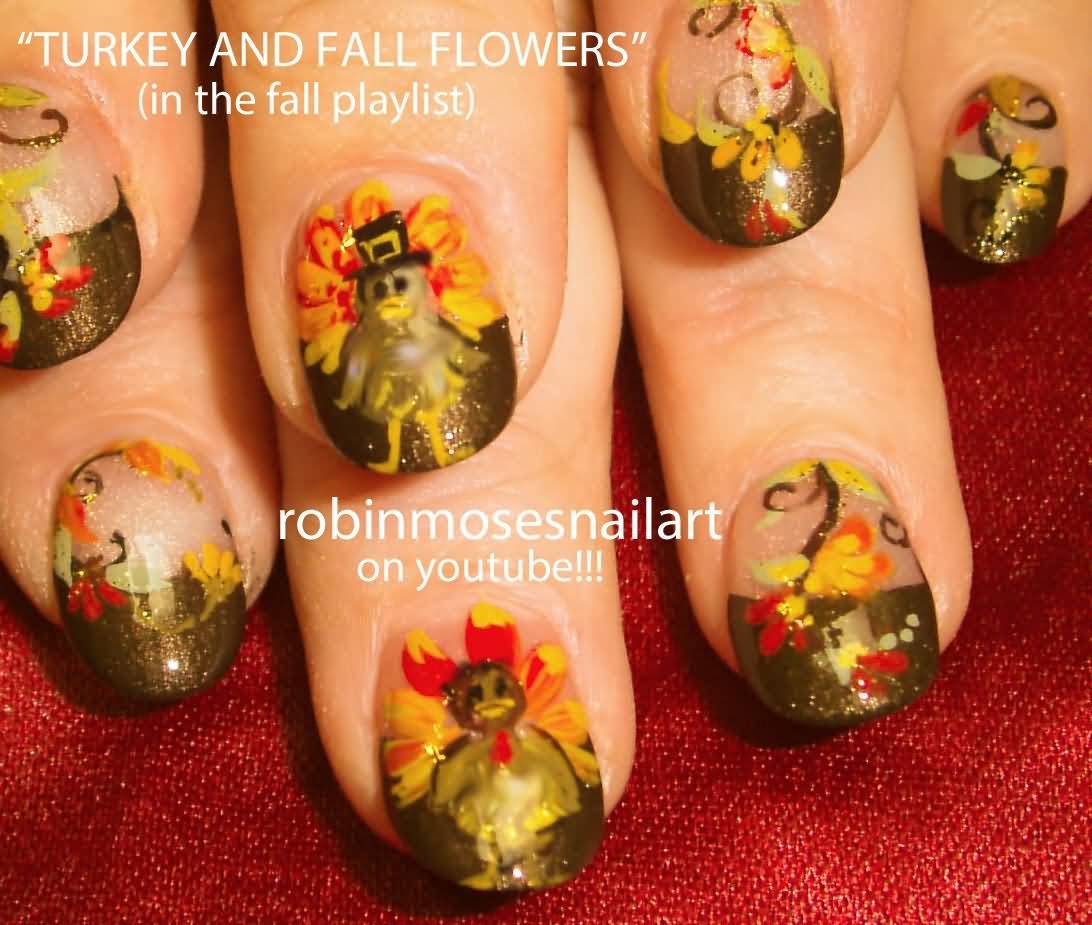 Turkey And Fall Flowers Thanksgiving Nail Art Design