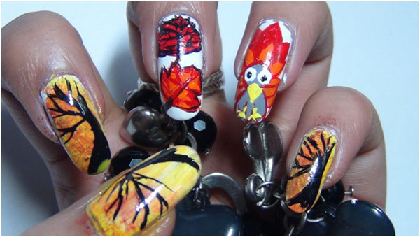 Turkey And Maple Leaves Thanksgiving Nail Art