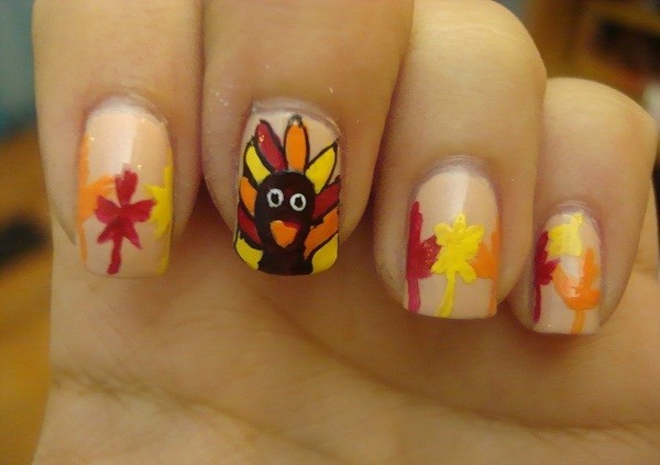 Turkey Face And Maple Leaves Thanksgiving Nail Art Design Idea