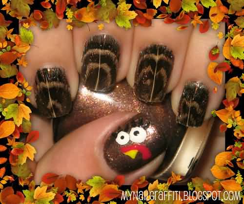 Turkey With Feathers Thanksgiving Nail Art