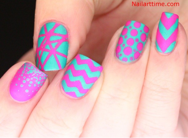 Turquoise Nails With Pink Chevron Design And Polka Dots Nail Art