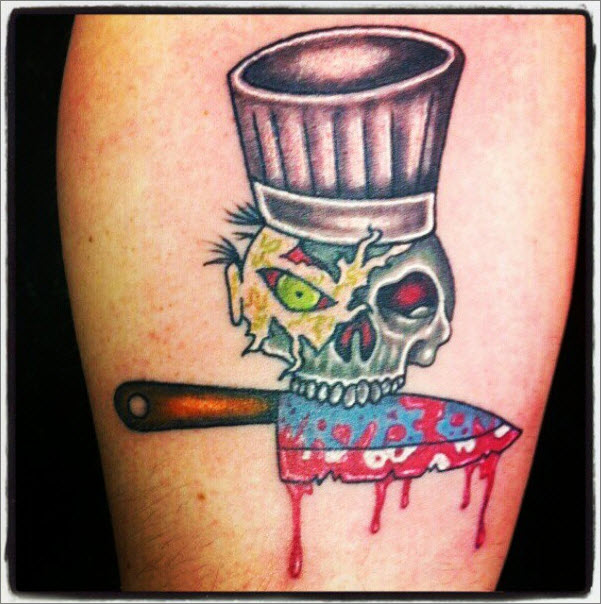 Unique Chef Skull Holding Knife With Blood Tattoo