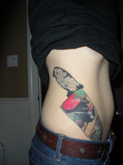 Vegetables Reflected In Cleaver Tattoo On Side Rib